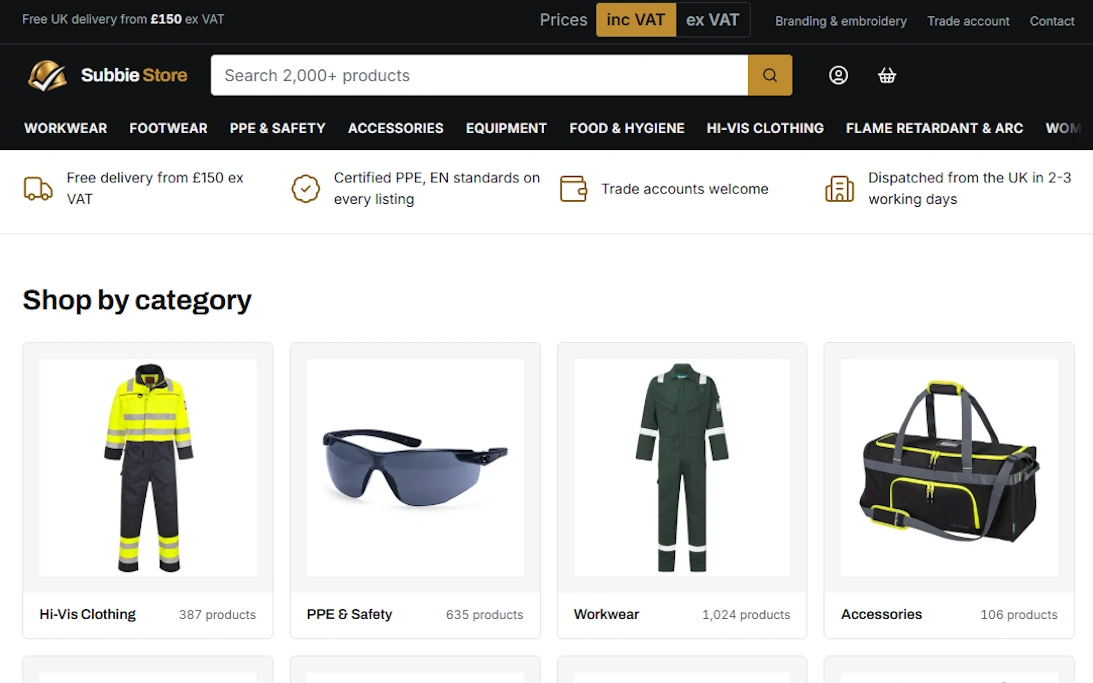 Screenshot of the Subbie Store website homepage