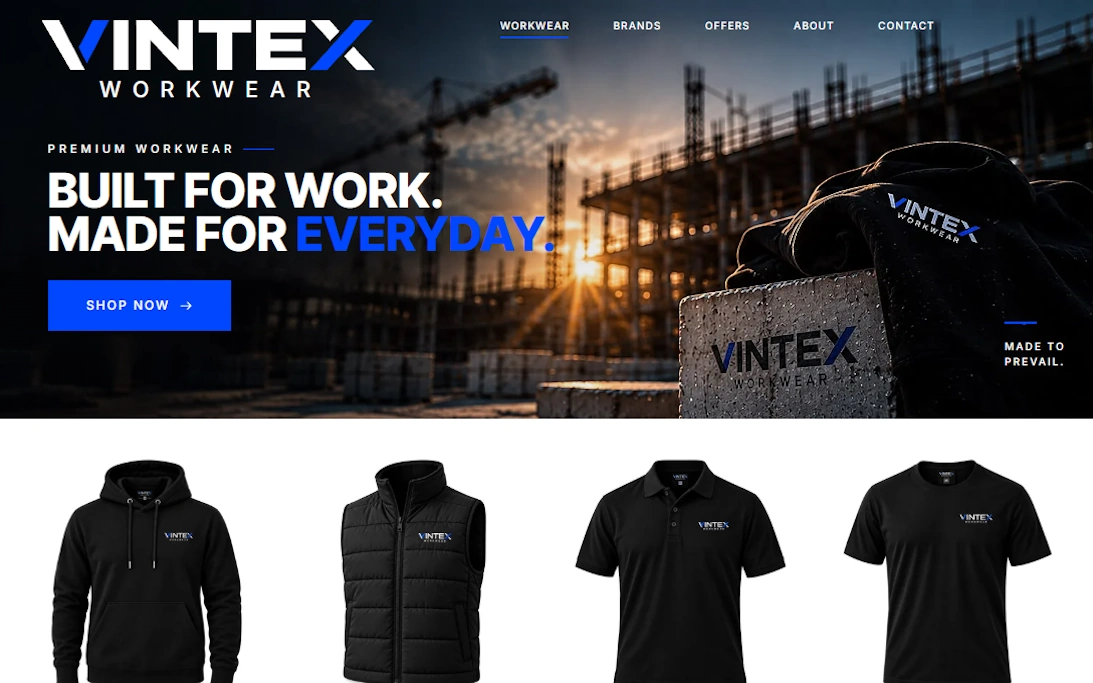 Screenshot of the Vintex Workwear website homepage